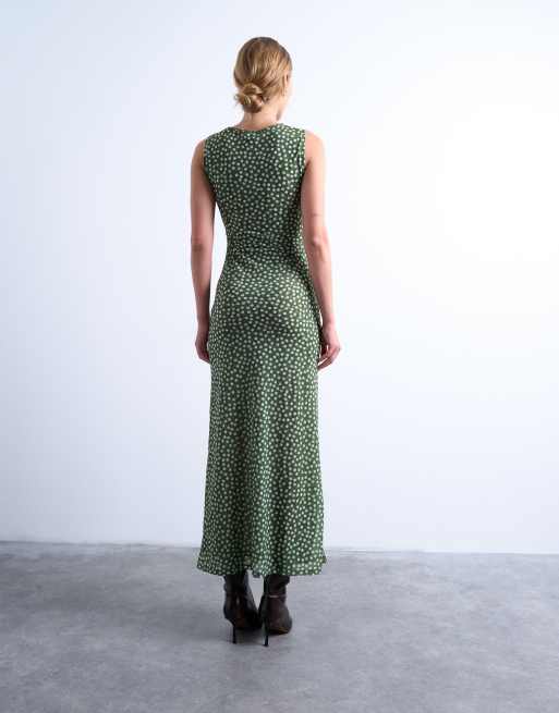 Topshop – Gerafftes Maxikleid in gepunktetem Grün, 3 von 4