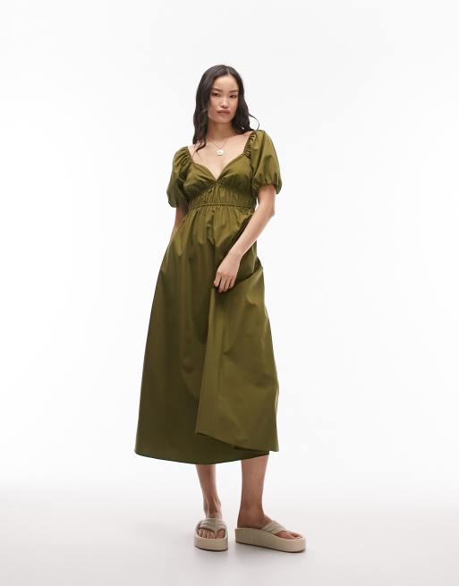 Topshop – Gerafftes Midikleid aus Popeline in Khaki