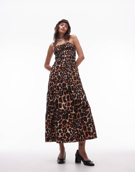 Topshop – Gerafftes Midikleid mit Animal-Print