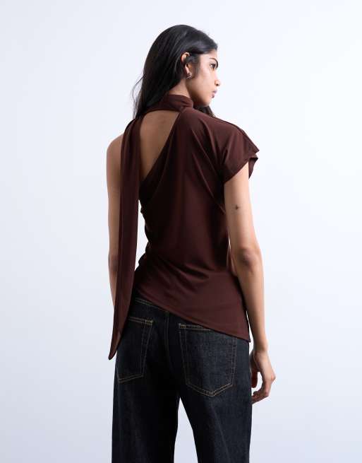 Topshop – Gerafftes Oberteil in Schokobraun mit Schaldetail und asymmetrischem Saum, 2 von 4
