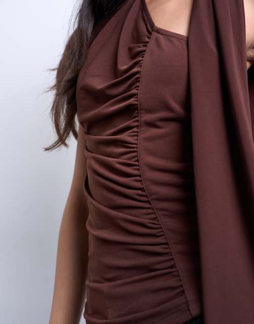 Topshop – Gerafftes Oberteil in Schokobraun mit Schaldetail und asymmetrischem Saum, 3 von 4