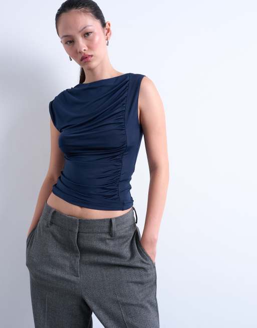 Topshop – Gerafftes Tanktop in Marineblau
