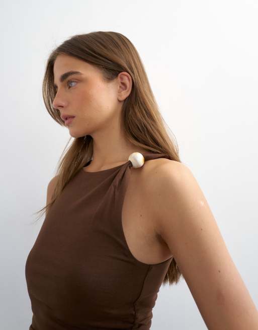 Topshop – Gerafftes Tanktop in Schokobraun mit Knotendetail und Perlen, 3 von 4