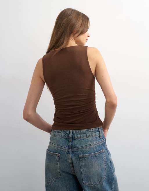 Topshop – Gerafftes Tanktop in Schokobraun mit Knotendetail und Perlen, 4 von 4