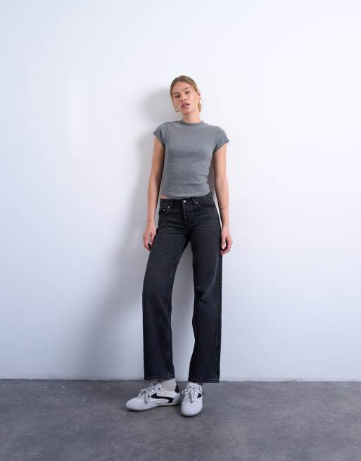 Topshop - Geribbeld, aansluitend T-shirt met ronde zoom in gemêleerd grijs, 2 van 4