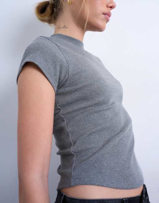 Topshop - Geribbeld, aansluitend T-shirt met ronde zoom in gemêleerd grijs, 3 van 4