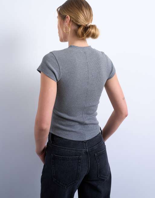 Topshop - Geribbeld, aansluitend T-shirt met ronde zoom in gemêleerd grijs, 4 van 4