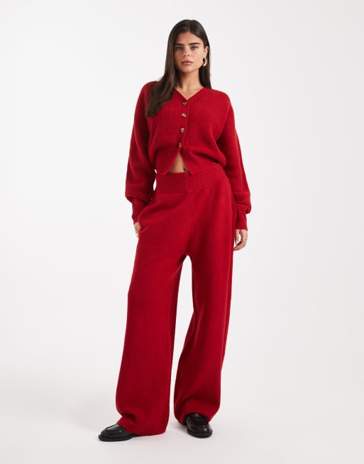 Topshop - Geribbeld grofgebreid vest met V-hals in rood, deel van co-ord set, 3 van 4