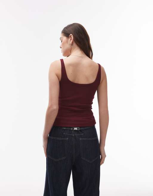 Topshop - Geribbeld hemdje met bandjes in bordeauxrood, 2 van 4