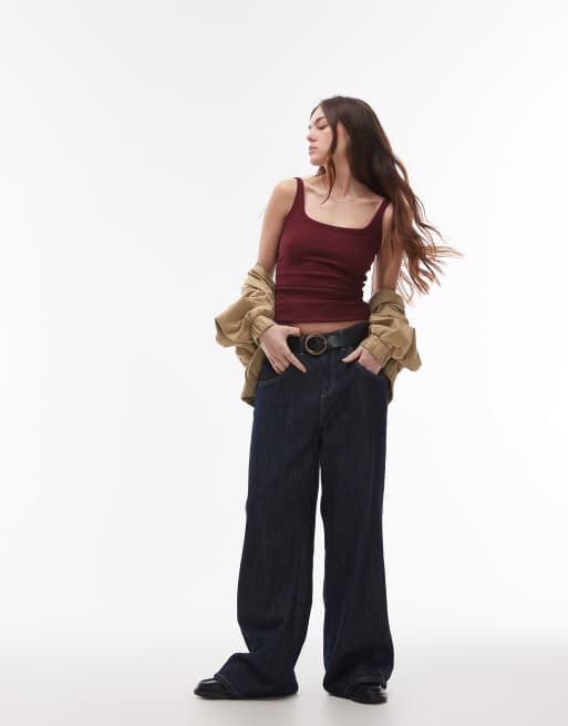 Topshop - Geribbeld hemdje met bandjes in bordeauxrood, 4 van 4