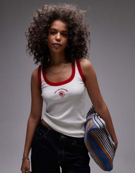 Topshop - Geribbeld hemdje met geborduurde schelp en rood contrast in wit - view 1