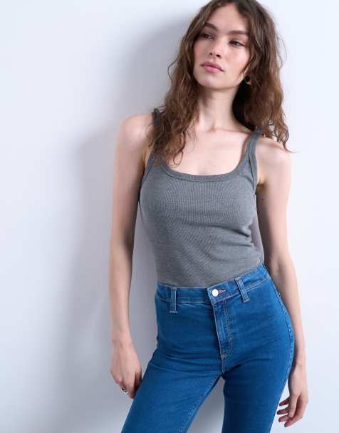 Topshop - Geribbeld hemdje met lage ronde hals en skinny bandjes in gemêleerd donkergrijs - view 1