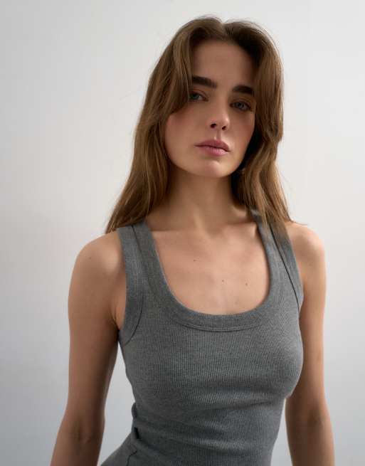 Topshop - Geribbeld hemdje met lage ronde hals in gemêleerd grijs, 3 van 4