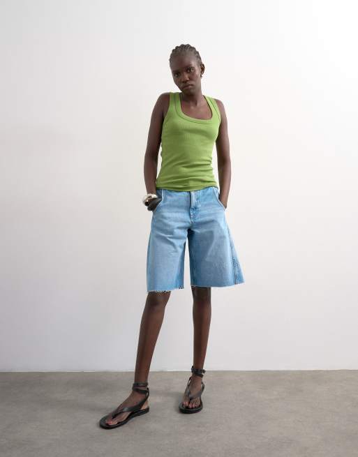 Topshop - Geribbeld hemdje met lage ronde hals in groen, 3 van 4