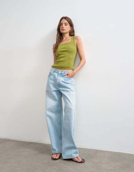 Topshop - Geribbeld hemdje met lage ronde hals in groen, 3 van 4