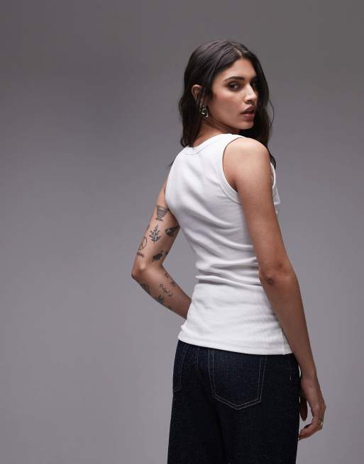 Topshop - Geribbeld hemdje met lage ronde hals in wit, 4 van 4