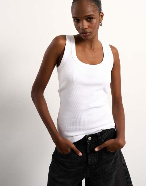 Topshop - Geribbeld hemdje met lage ronde hals in wit - view 1