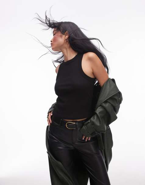 Topshop - Geribbeld hemdje met racer hals in zwart - view 1