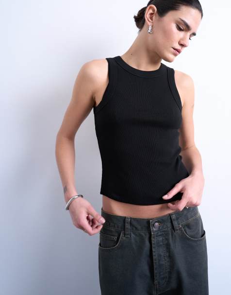 Topshop - Geribbeld hemdje met racer hals in zwart - view 1