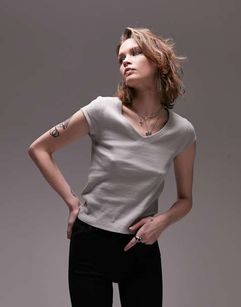 Topshop - Geribbeld smal T-shirt met V-hals in grijs - view 1