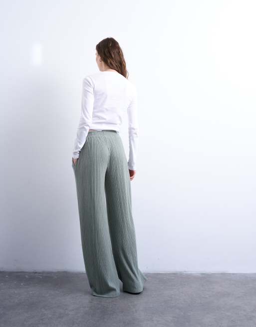 Topshop - Geribbelde broek met wijde pijpen in saliegroen, 2 van 5