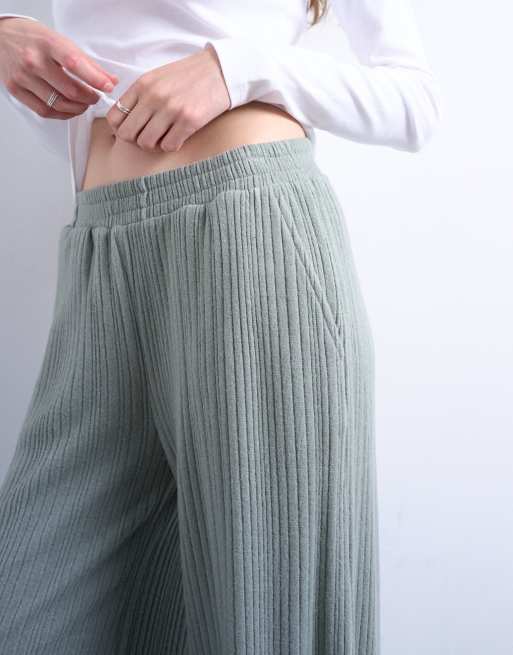 Topshop - Geribbelde broek met wijde pijpen in saliegroen, 4 van 5