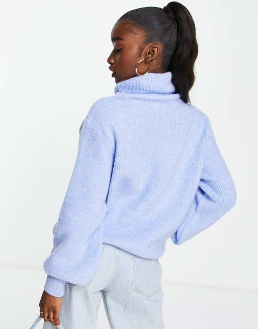 Topshop - Geribbelde gebreide cropped coltrui in denim blauw, 3 van 4