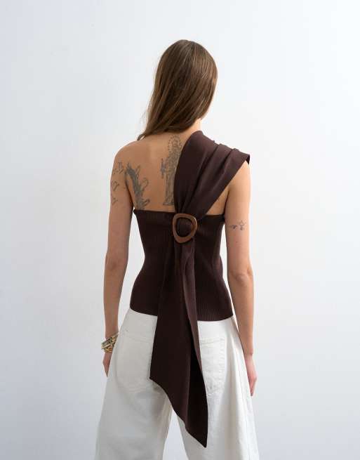 Topshop - Geribbelde gebreide top met overgeslagen sjaal in chocoladebruin, 4 van 4