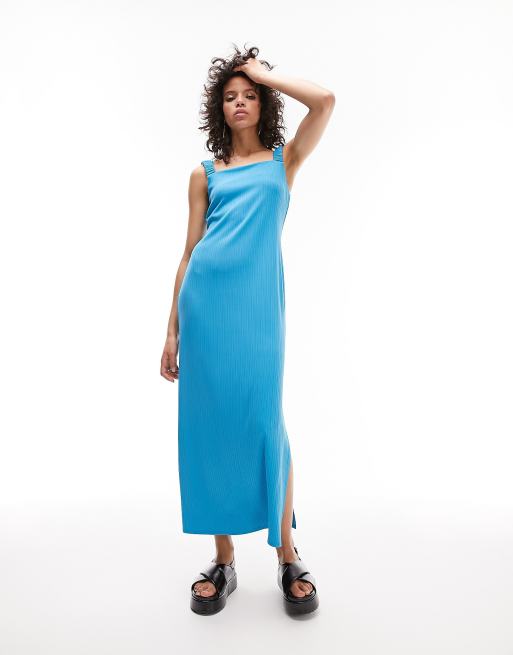 Topshop - Geribbelde jersey midi jurk in blauw 