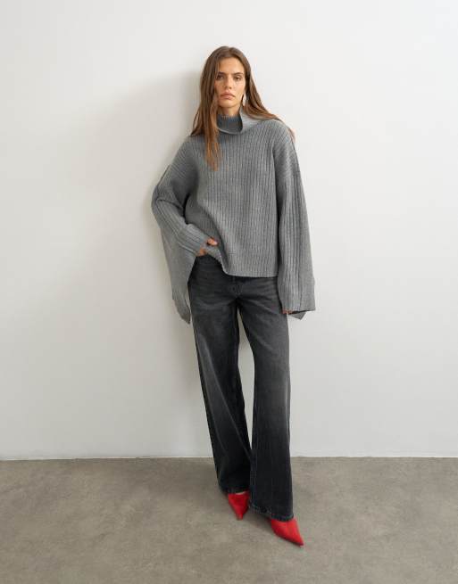 Topshop geribbelde oversized trui met capedetail in antracietgrijs, 3 van 4