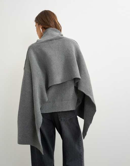 Topshop geribbelde oversized trui met capedetail in antracietgrijs, 4 van 4