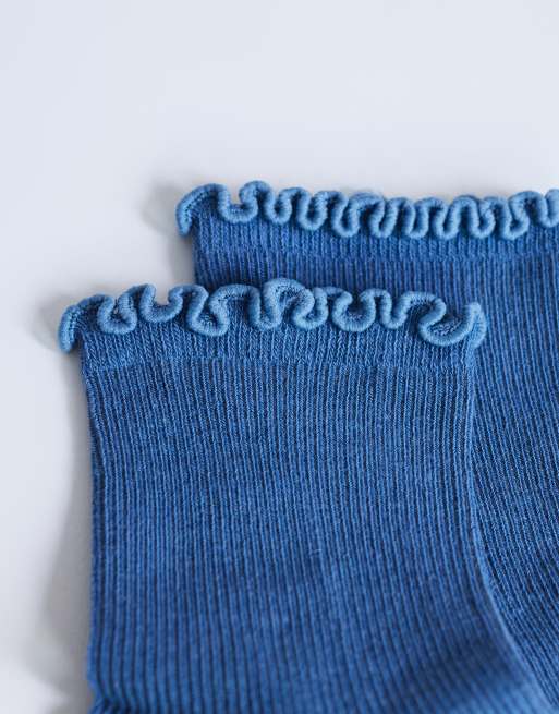 Topshop - Geribbelde sokken met ruches in blauw, 3 van 3