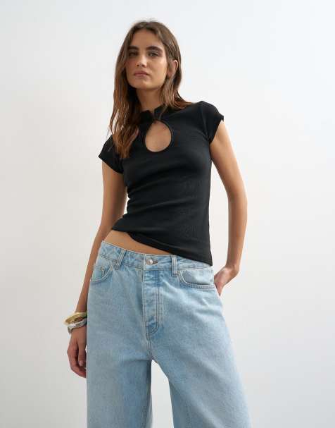 Topshop - Geribbelde top met uitsnijding in zwart - view 1