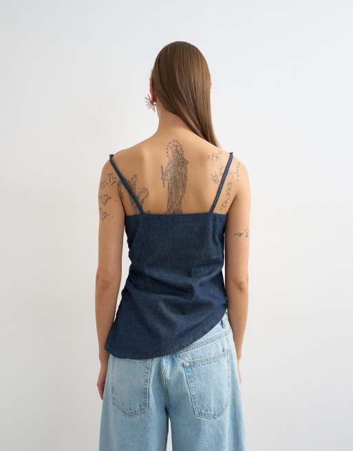 Topshop - Gerimpelde denim top met gedrapeerde hals in indigo spoeling, 4 van 4