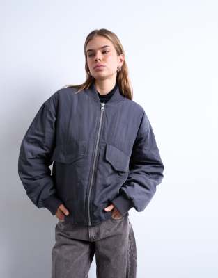 Topshop - Gerippte Bomberjacke in Schiefergrau