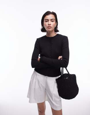 Topshop – Gerippte, langärmlige Strickjacke in Schwarz mit knappem Schnitt