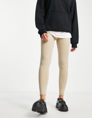 Topshop - Gerippte Leggings in Taupe mit engem Schnitt und hohem Bund-Grau