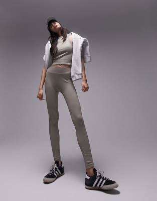 Topshop - Gerippte, nahtlose Leggings in Khaki, Kombiteil-Grün