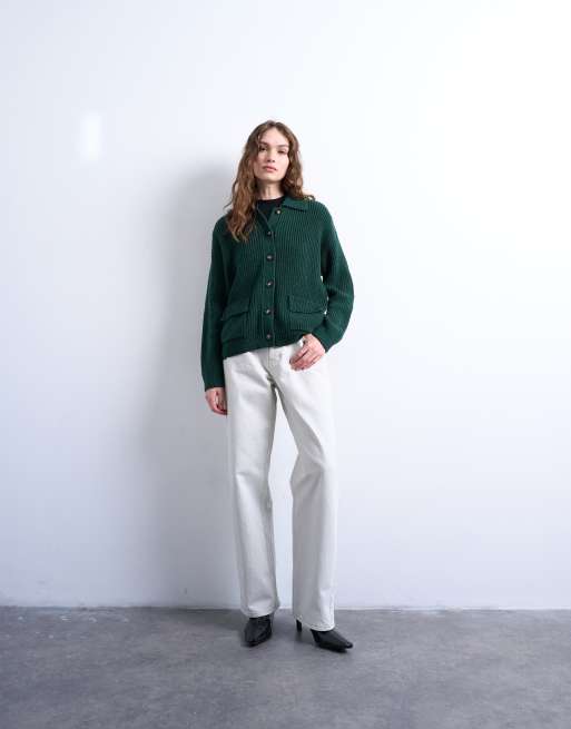 Topshop – Gerippte Strickjacke in Grün mit zwei Taschen, 2 von 4