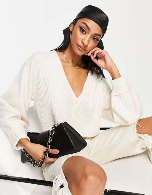 Topshop – Gerippte Strickjacke in Hellbeige meliert mit Blousonärmeln - STEIN
