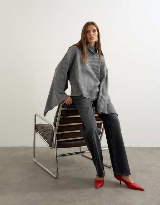 Topshop gerippter Oversize-Strickpullover mit Cape-Detail in Anthrazit, 2 von 4