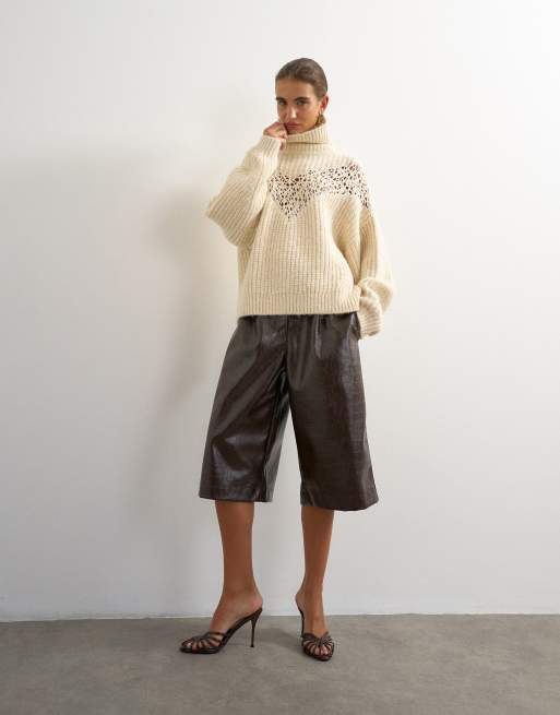Topshop gerippter Pullover mit hohem Kragen und Spitzendetail in Elfenbein, 2 von 4