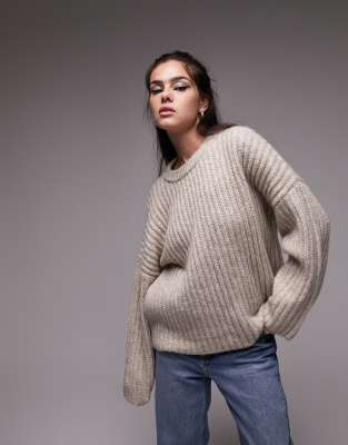 Topshop - Gerippter Strickpullover in Hellbeige mit Rundhalsausschnitt-Neutral