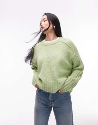 Thumbnail - Topshop - Gerippter Strickpullover in Hellgrün mit Rundhalsausschnitt