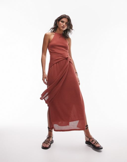 Topshop – Geripptes, ärmelloses Midikleid aus Jersey in Rost mit Bindeband