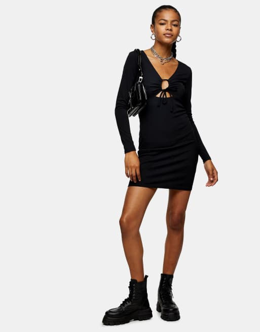 Topshop Geripptes Bodycon Kleid Mit Zierausschnitt In Schwarz Asos