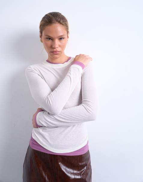 Topshop – Geripptes, doppellagiges Oberteil aus hochwertigem Material in Creme und Rosa langen Ärmeln - view 1
