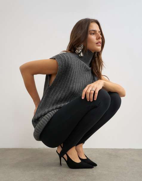 Topshop geripptes Longline-Top aus Wolle mit Stehkragen und Schlauchsaum in Anthrazit - view 1