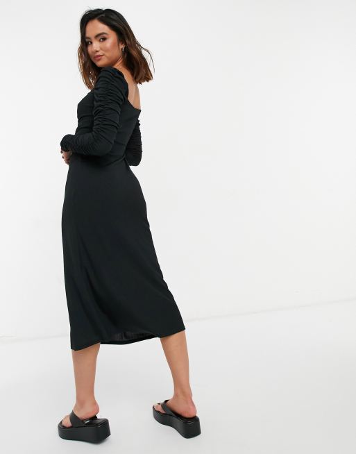 Topshop – Geripptes Midikleid in Schwarz mit Rüschen, 2 von 4