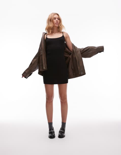Topshop – Geripptes Mini-Trägerkleid in Schwarz - view 1
